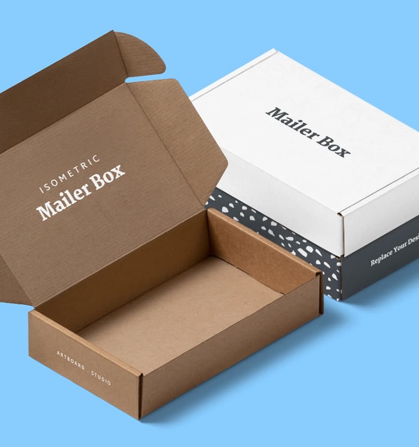 Two corrugated mailer boxes, one open and one closed
